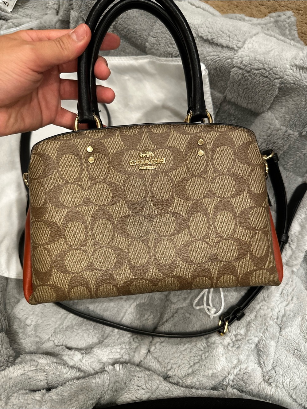 Coach Brown Signature Satchel with Black Handles and Orange Sides